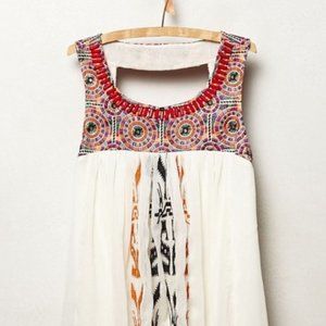 Anthropologie White Boho Embroidered Beaded Yoke Tank
